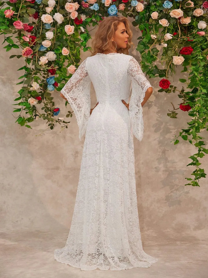 Lace V-neck bell sleeve floor-length maxi dress