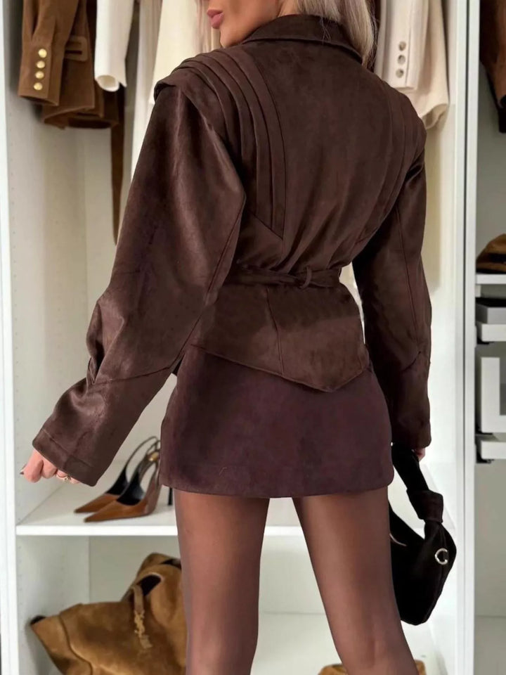 Faux suede tie-waist jacket with pleated shoulders