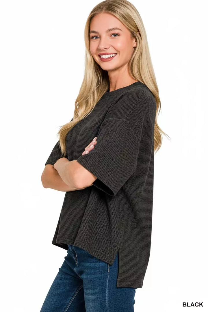 Boxy double knit crew neck top with side slits and hi-low hem