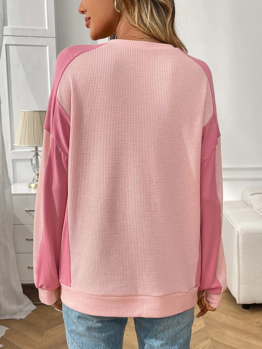 Color block waffle knit long sleeve top