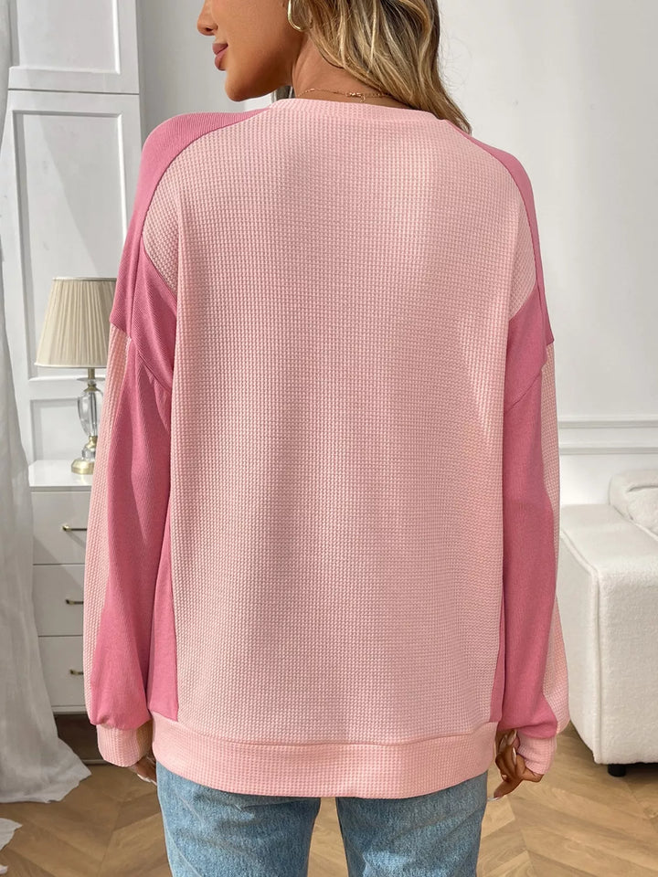 Color block waffle knit long sleeve top