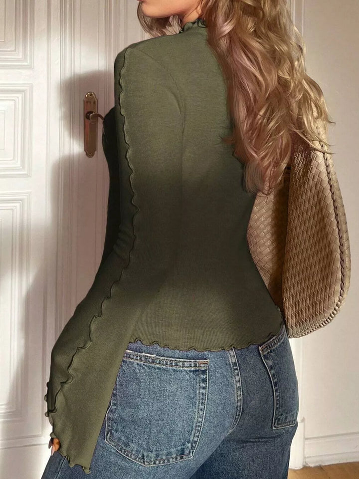 Ribbed knit mock neck top with lettuce-edge flare sleeves