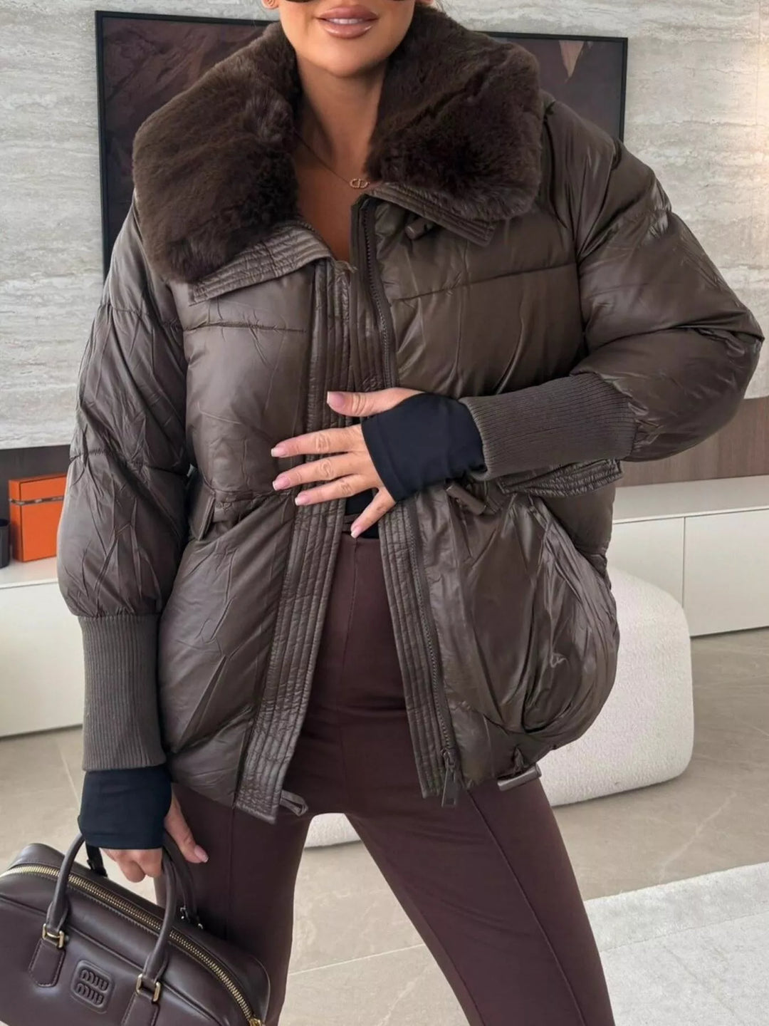 Brown Glossy padded puffer jacket with faux fur collar