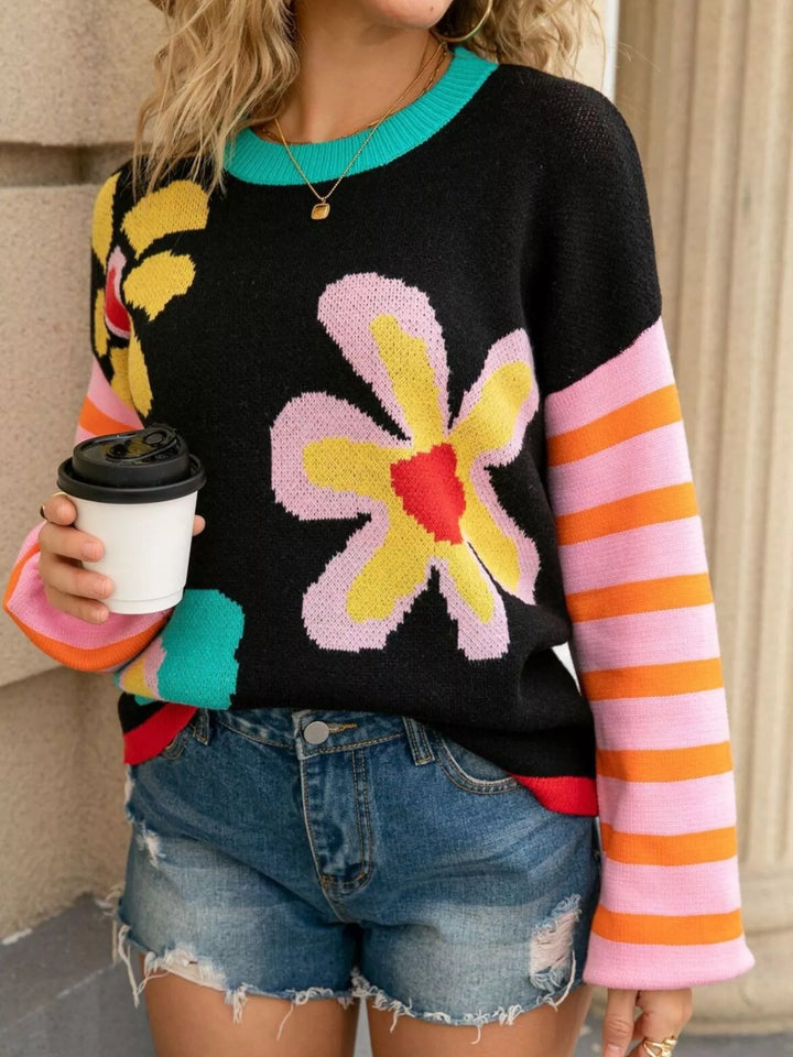 Black Mod floral crew neck sweater with striped sleeves