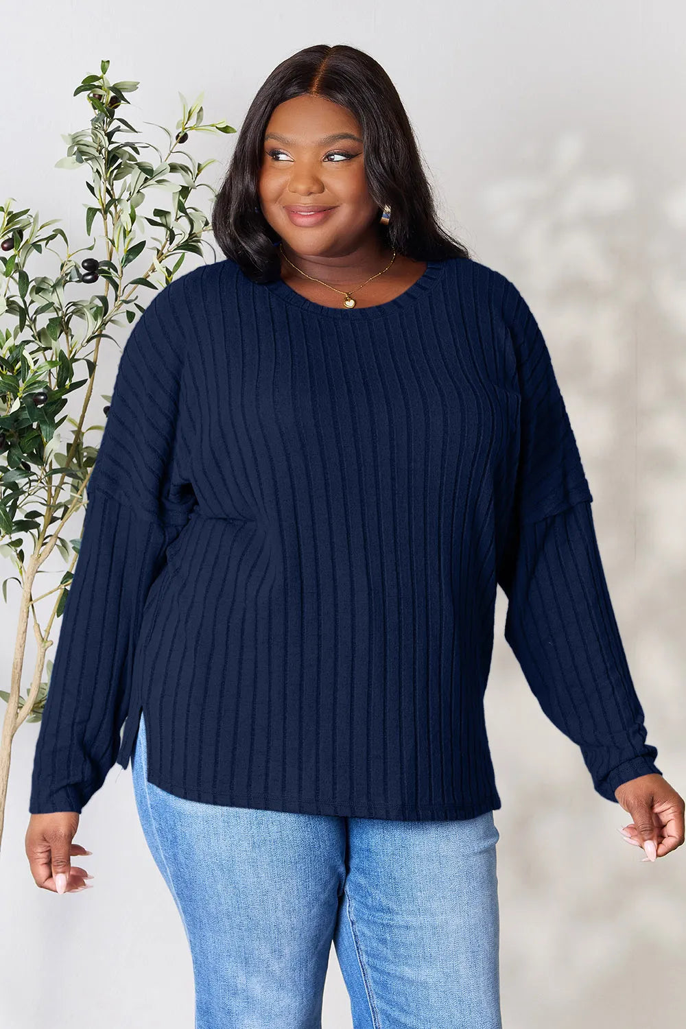 Ribbed knit round neck tunic top with side slits