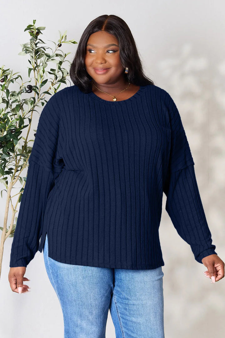 Ribbed knit round neck tunic top with side slits