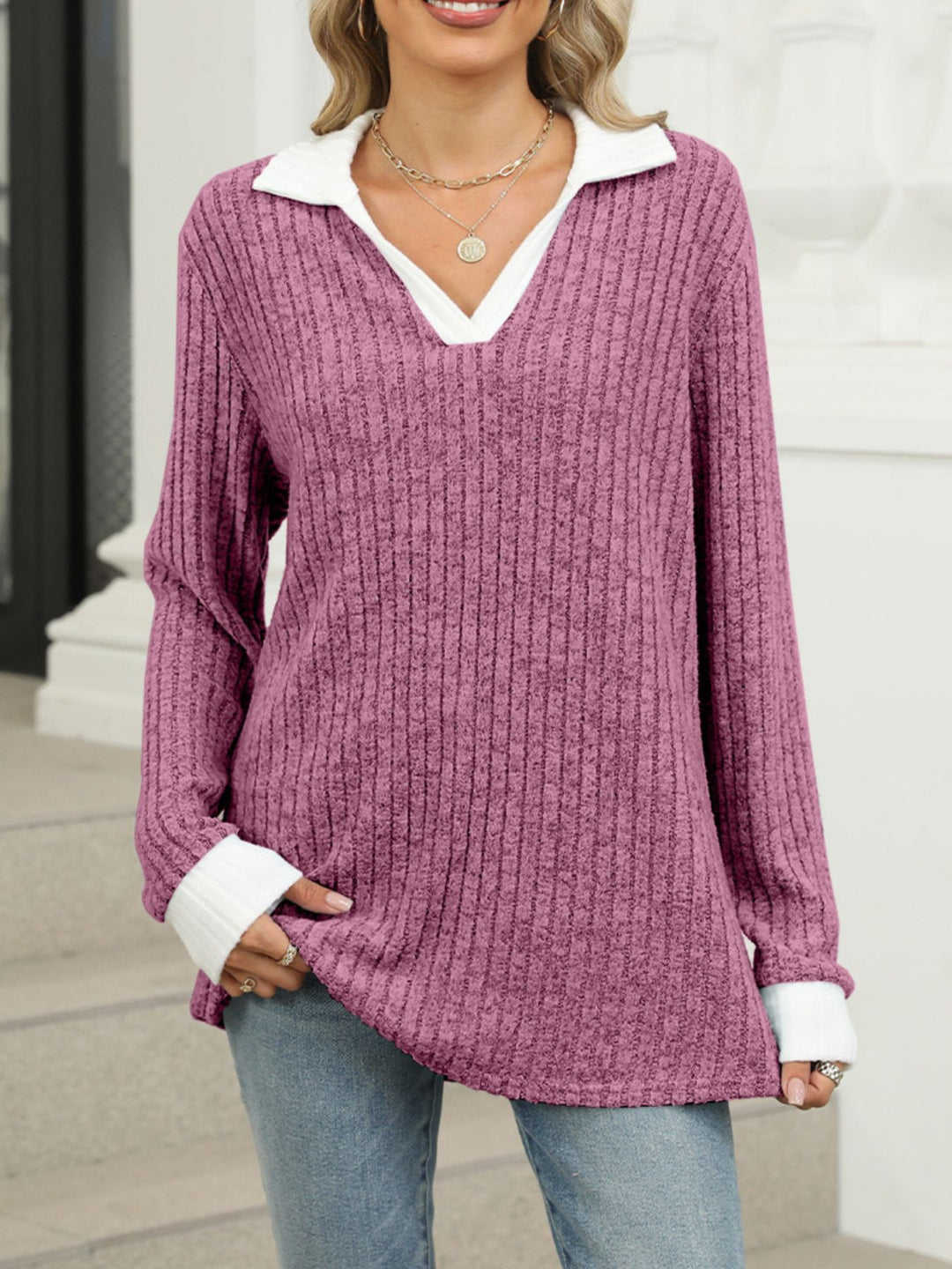 Purple Red Ribbed knit long sleeve top with contrast collar and cuffs