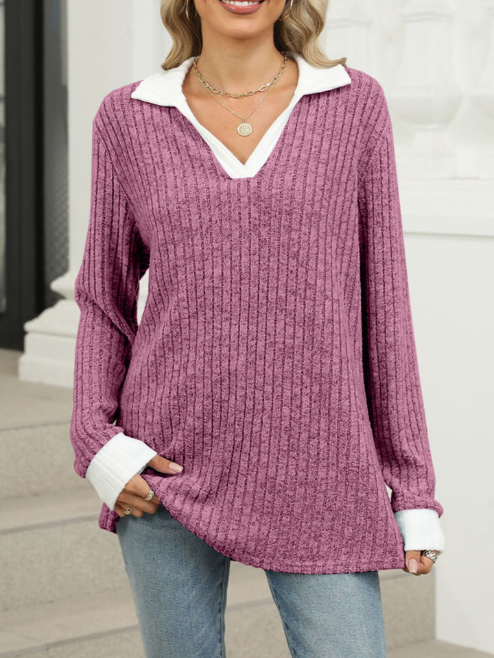 Purple Red Ribbed knit long sleeve top with contrast collar and cuffs