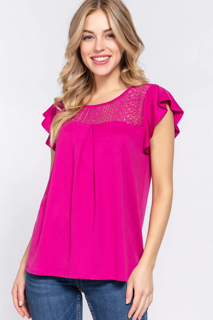 MAGENTA Flutter sleeve knit top with lace yoke detail