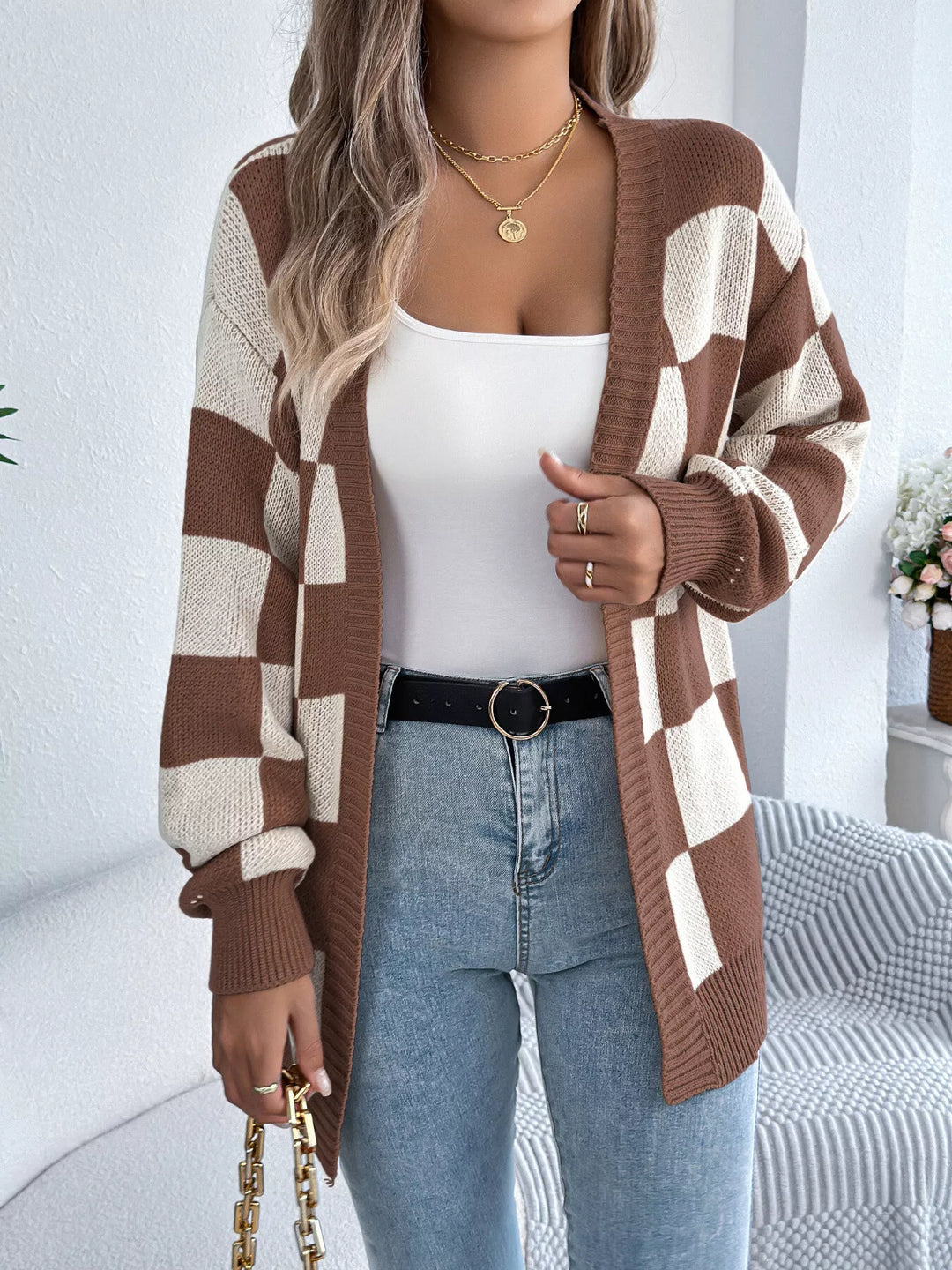 Checkerboard open front knit cardigan with ribbed trim