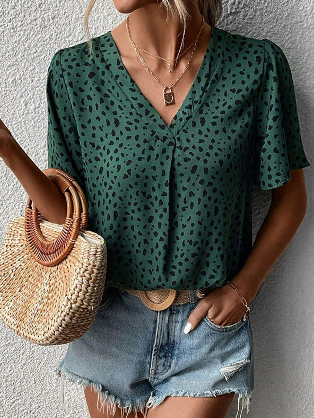 Flutter sleeve animal print V-neck blouse