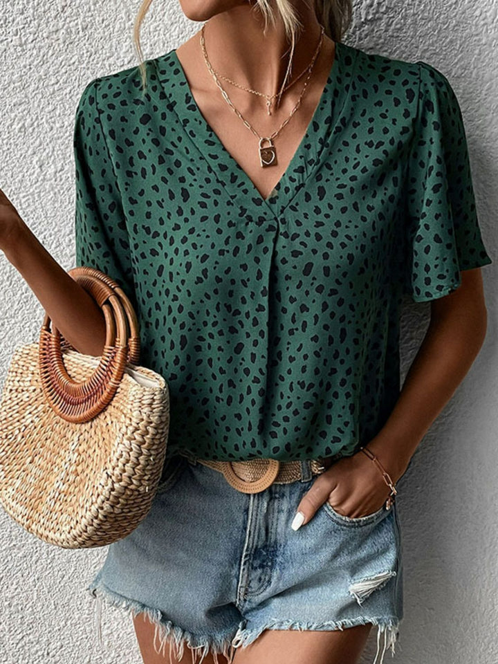 Flutter sleeve animal print V-neck blouse