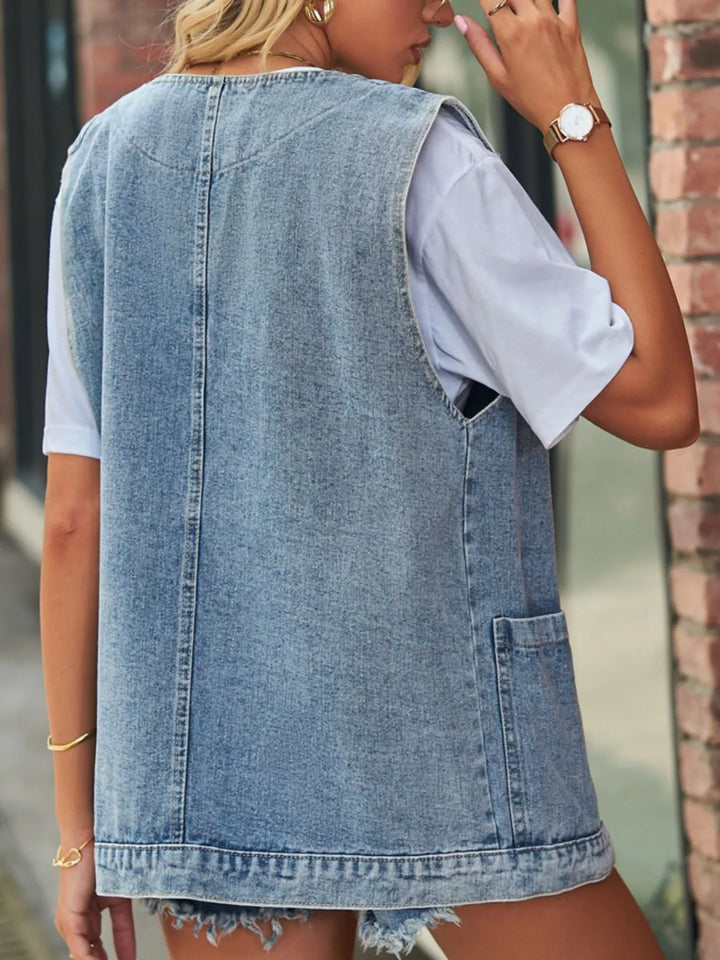 Sleeveless button-down denim vest with patch pockets