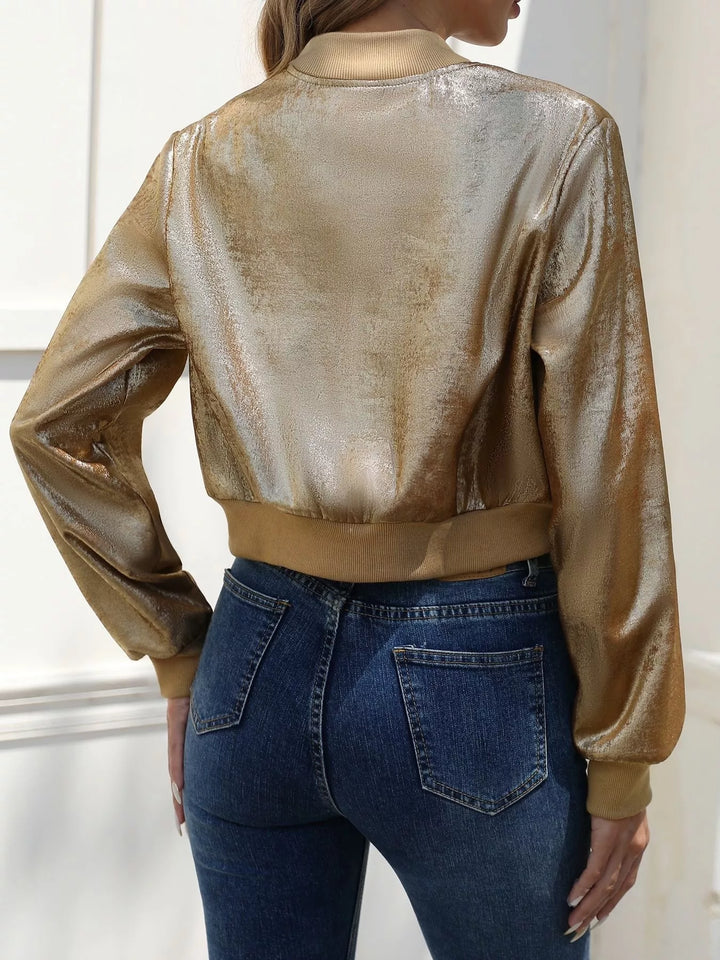 Metallic foil cropped zip-up bomber jacket