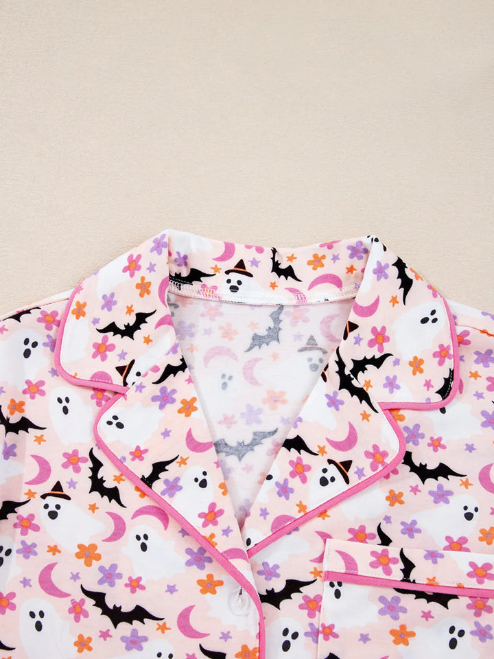 Ghost and bat print button-up pajama set with piped trim