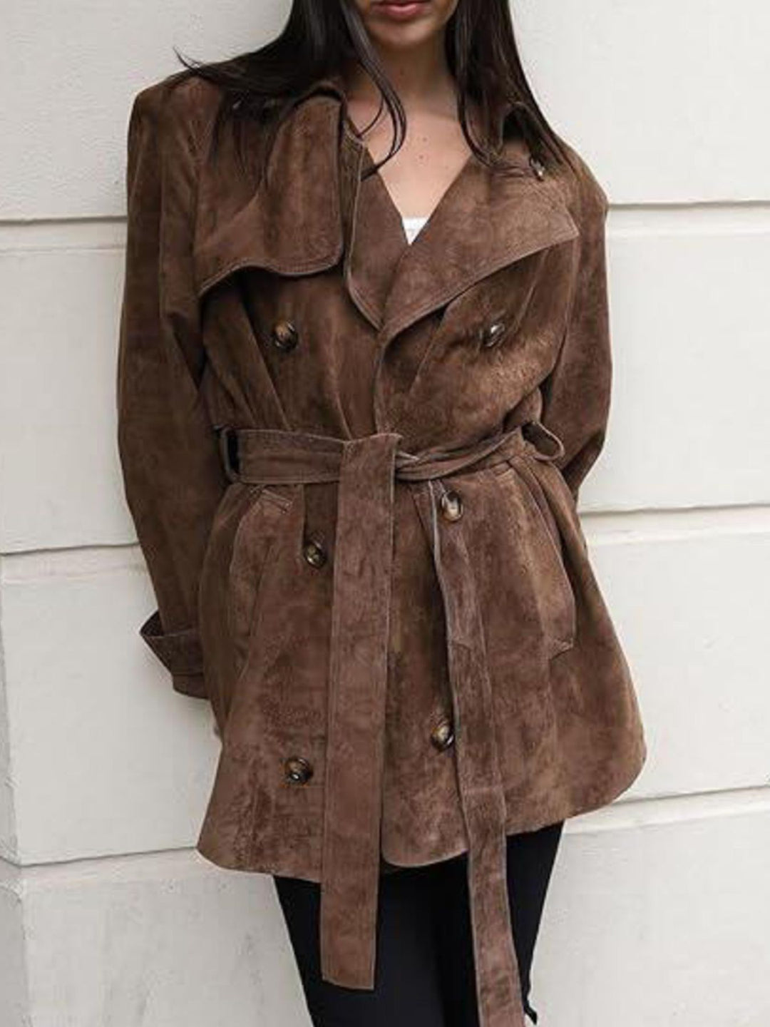Dark Brown Double-breasted suede-look tie-waist trench coat