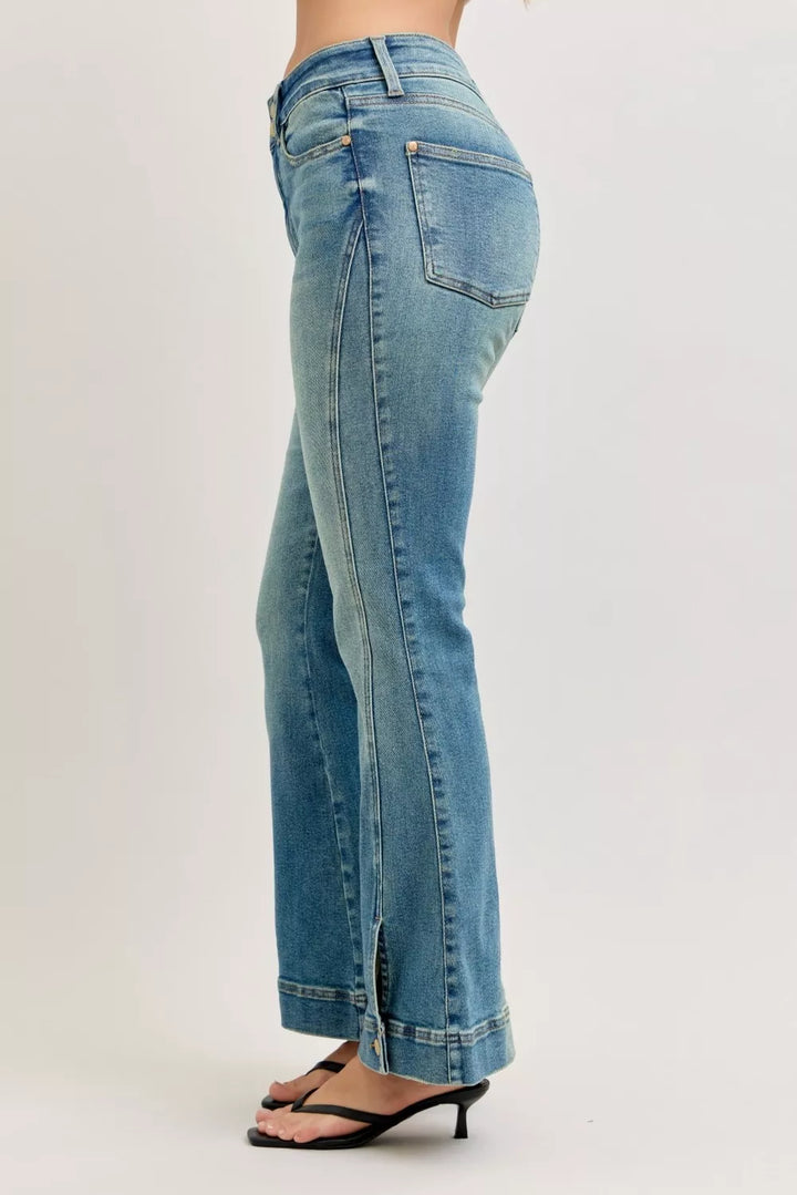 High-rise vintage wash flare jeans with released hem