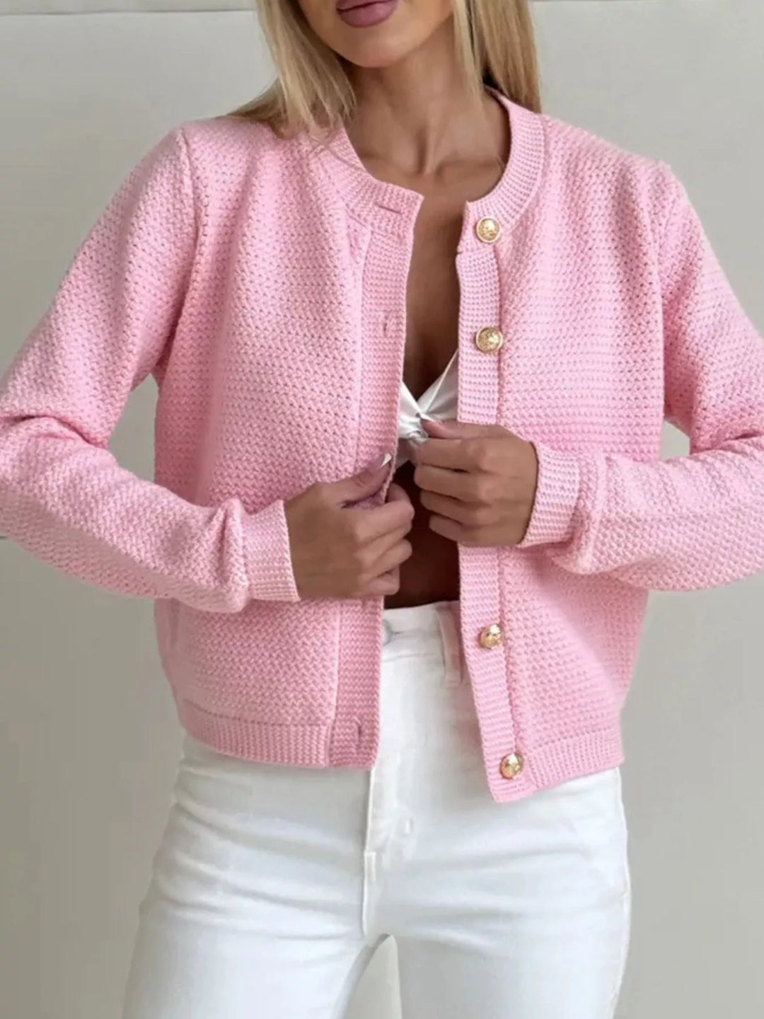 Textured waffle-knit button-up cardigan with gold buttons