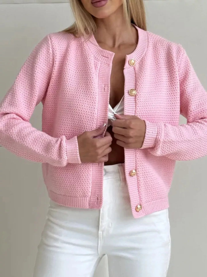 Textured waffle-knit button-up cardigan with gold buttons