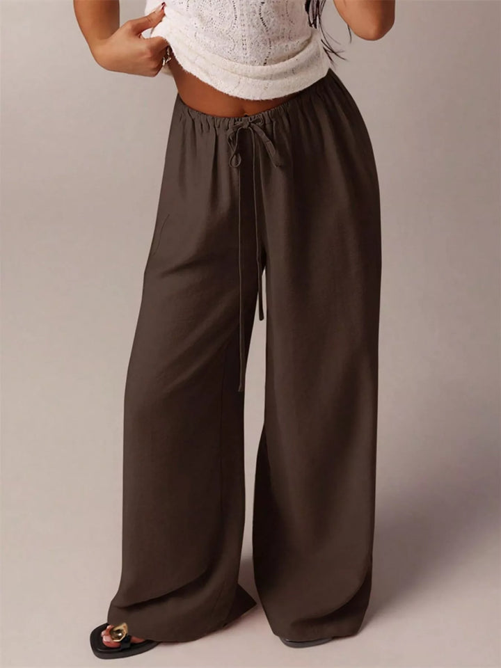 Brown Linen-look drawstring wide-leg pants with side pockets