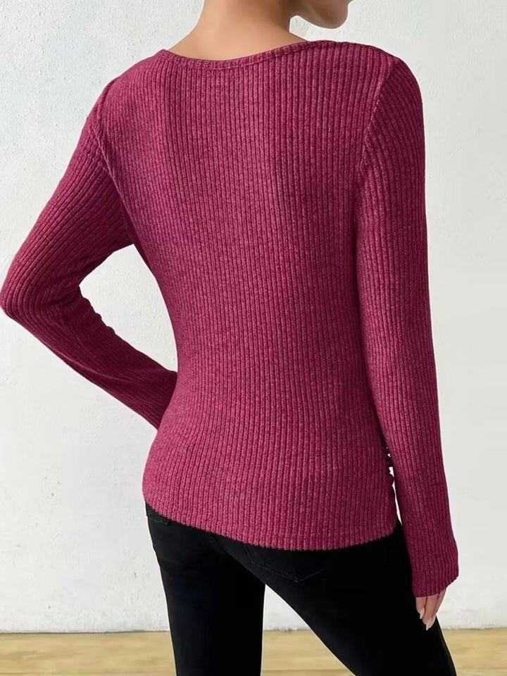 Ruched cowl neck ribbed knit long sleeve top