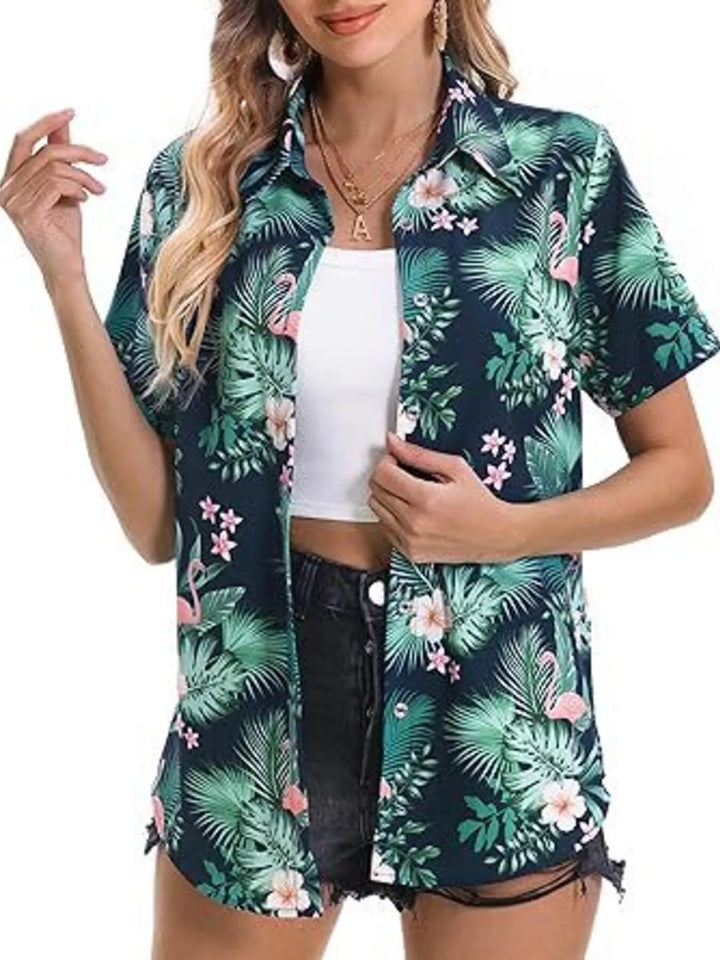 Green Tropical hibiscus print short sleeve button-up shirt