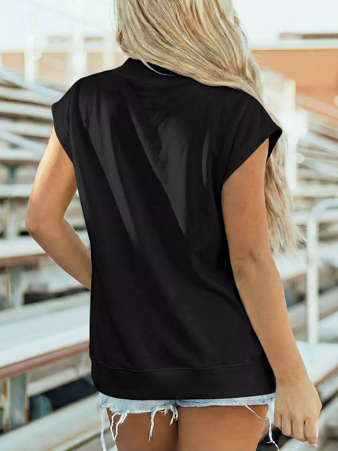 Mock neck cap sleeve relaxed-fit blouse
