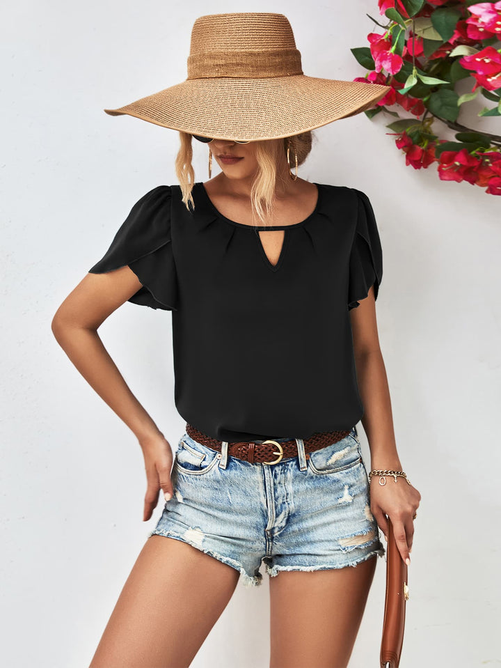 Petal sleeve blouse with keyhole cutout round neck