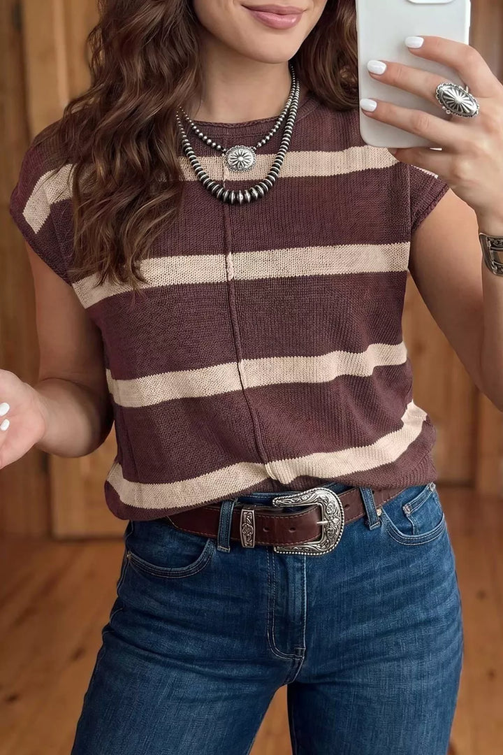 Striped knit short sleeve sweater top with center seam