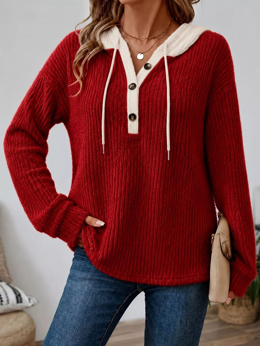 Red Ribbed knit drawstring hoodie with button henley placket