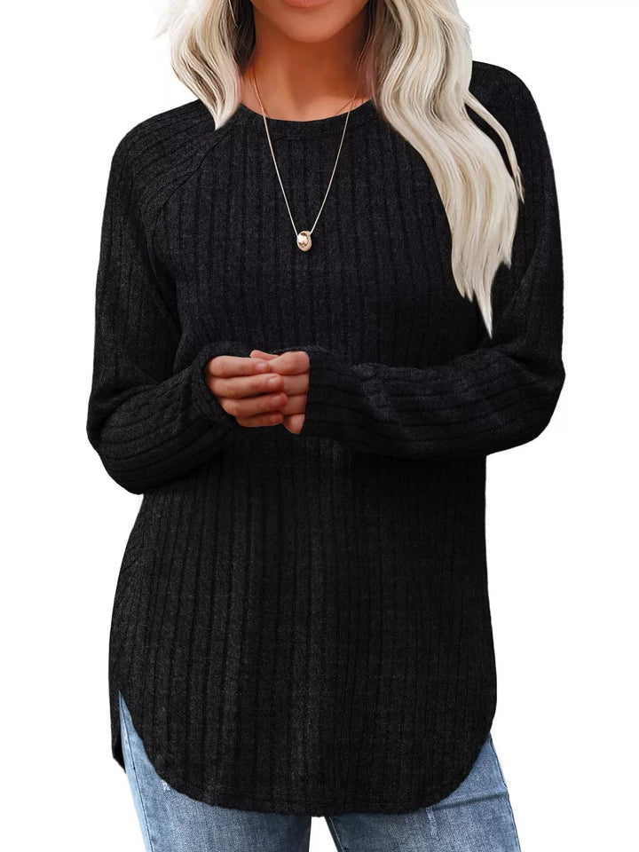 Black Ribbed knit crew neck long sleeve top with curved hem