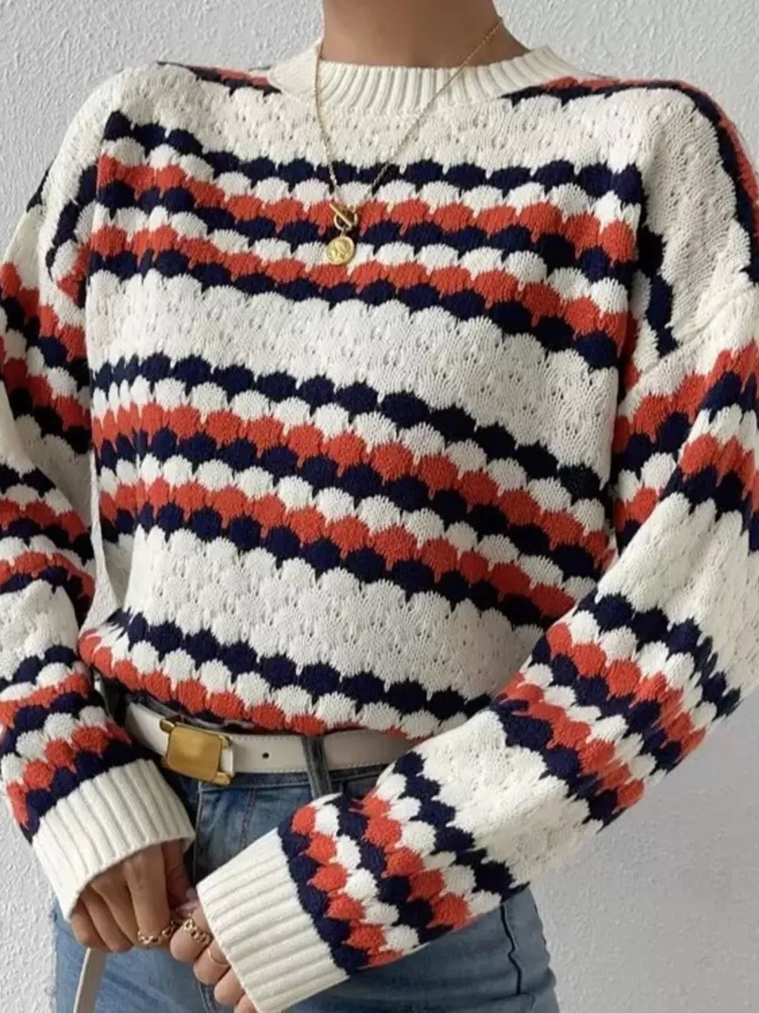 Textured stripe open-knit round neck sweater