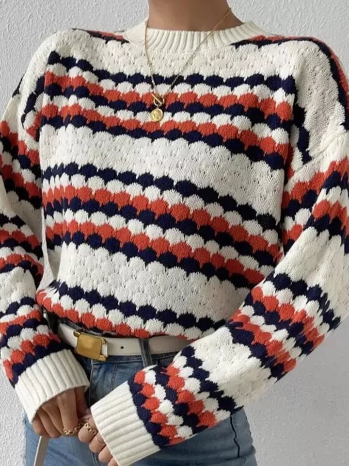 Textured stripe open-knit round neck sweater