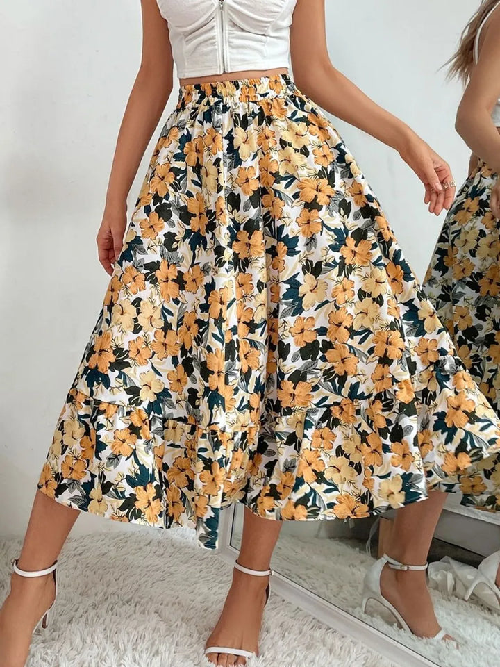 Flared ruffle-tier midi skirt with elastic waist
