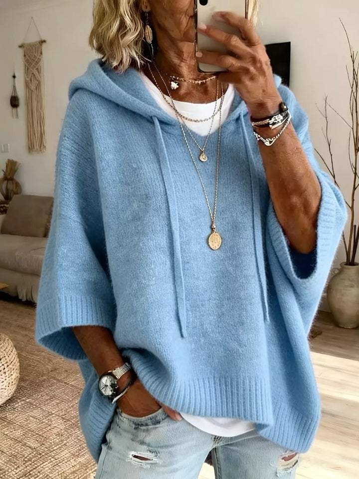 Sky Blue Hooded batwing sleeve knit sweater with drawstring