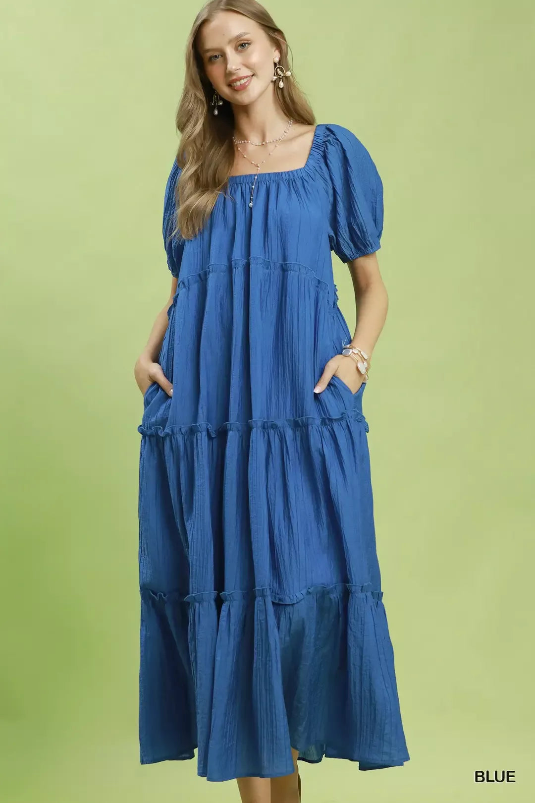 BLUE Textured tiered midi dress with puff sleeves and pockets