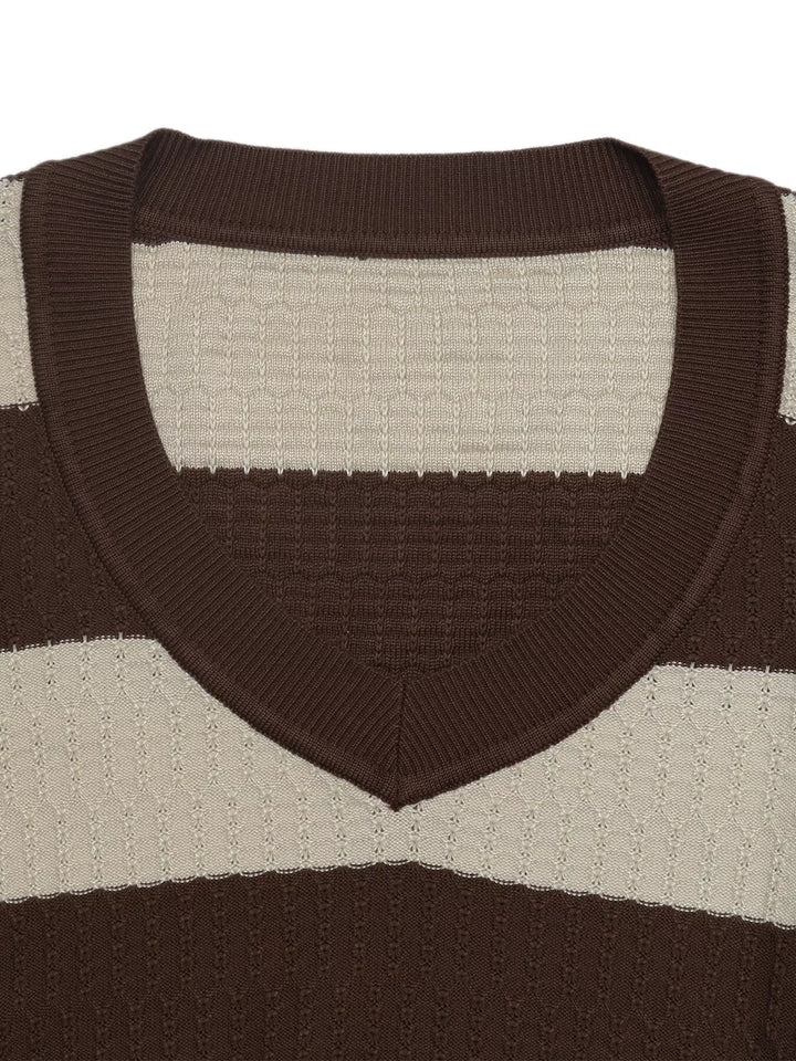 Striped cable knit v-neck pullover with ribbed trim