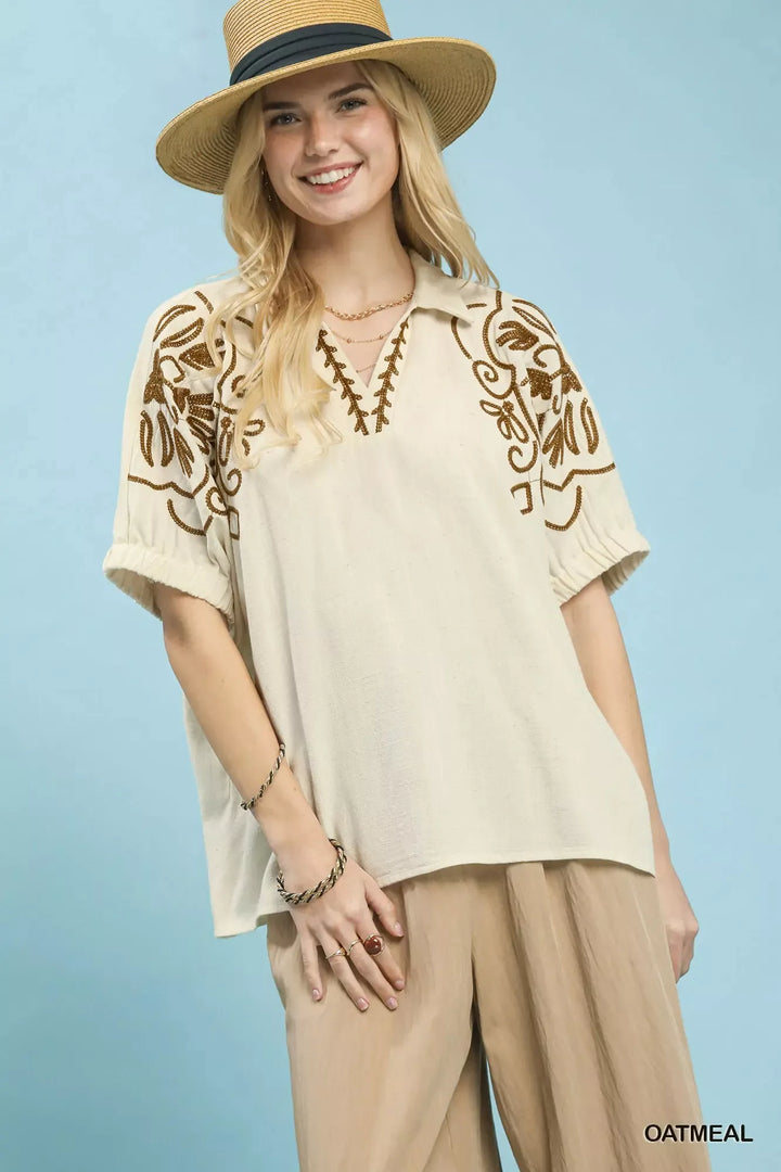 OATMEAL Floral embroidered puff sleeve blouse with split collar