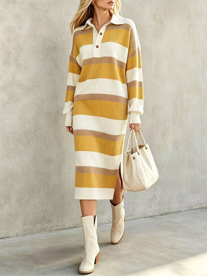 Yellow Striped ribbed knit polo collar midi sweater dress