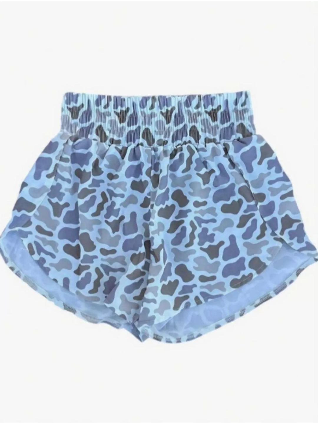Camo print flowy running shorts with elastic waist