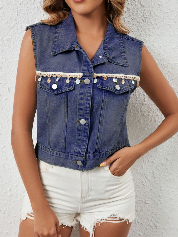 Dark Blue Sleeveless denim vest with shell and coin trim