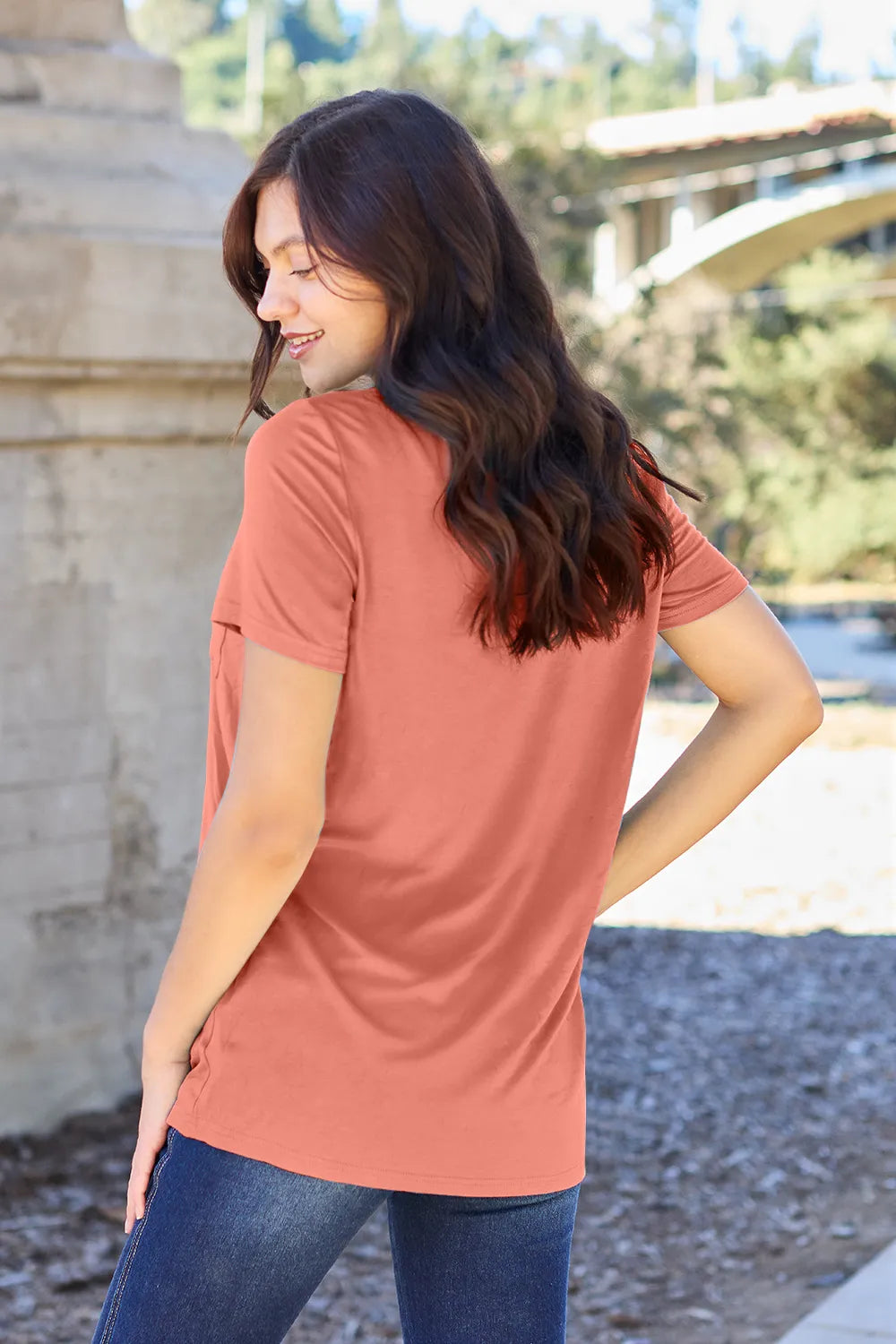 V-neck short sleeve bamboo tee with chest pocket