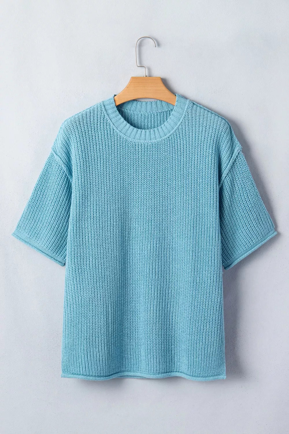 Boxy ribbed knit half-sleeve crew neck sweater