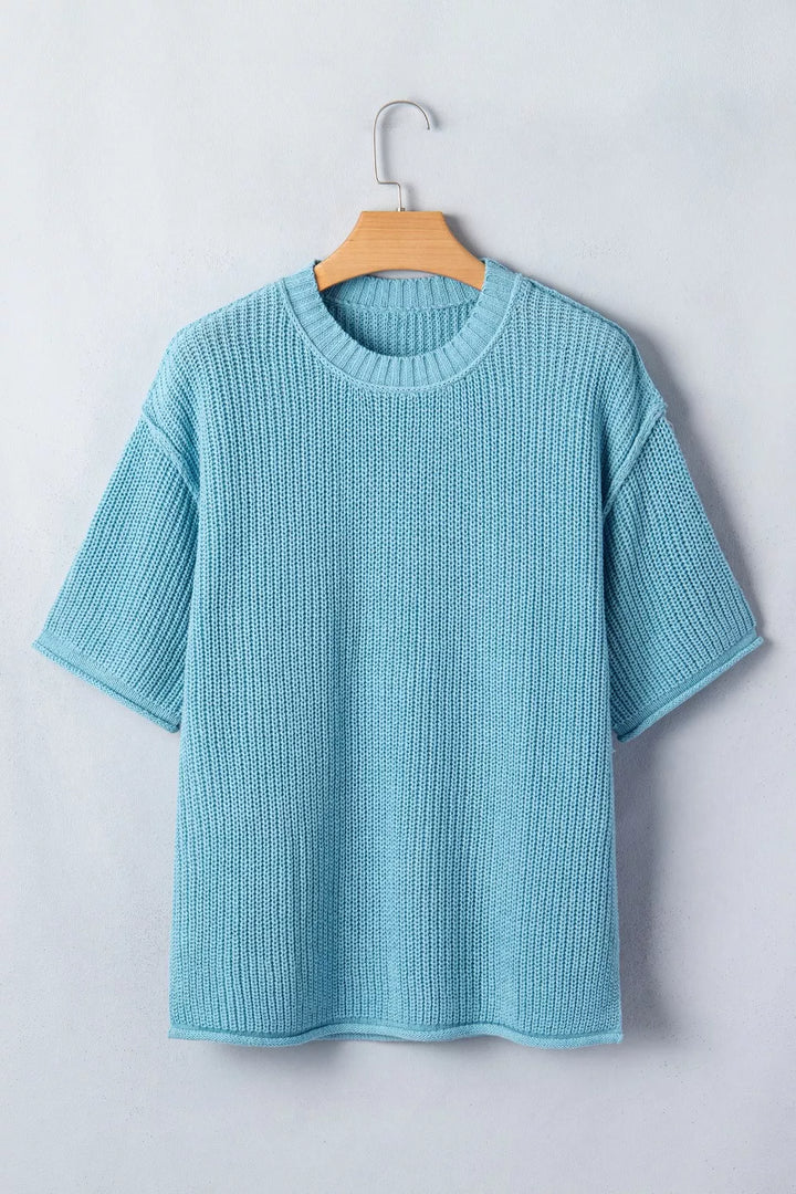 Boxy ribbed knit half-sleeve crew neck sweater