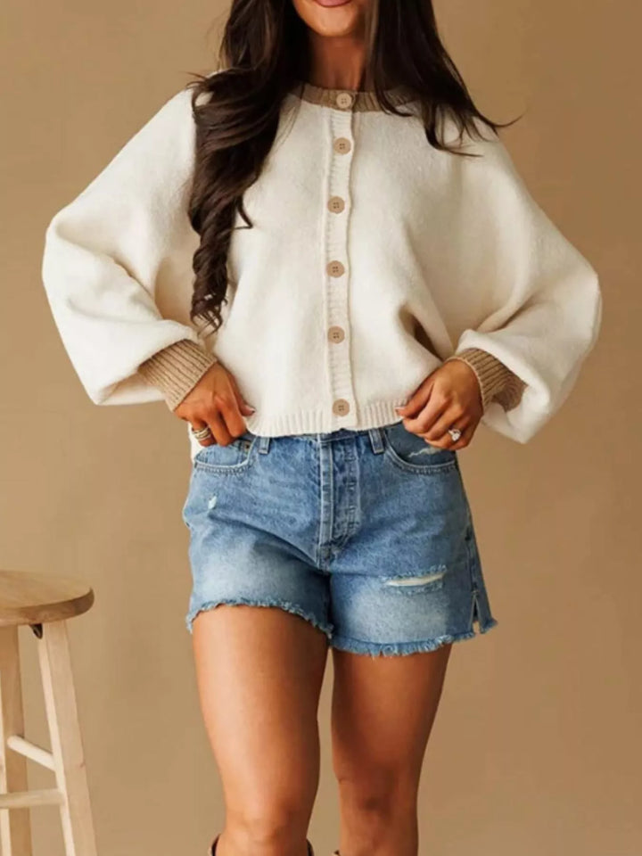 Contrast trim button-front knit cardigan with balloon sleeves