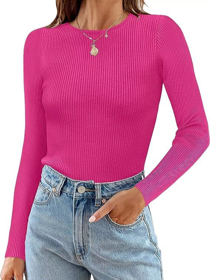 Rose Red Ribbed knit slim-fit long sleeve crew top