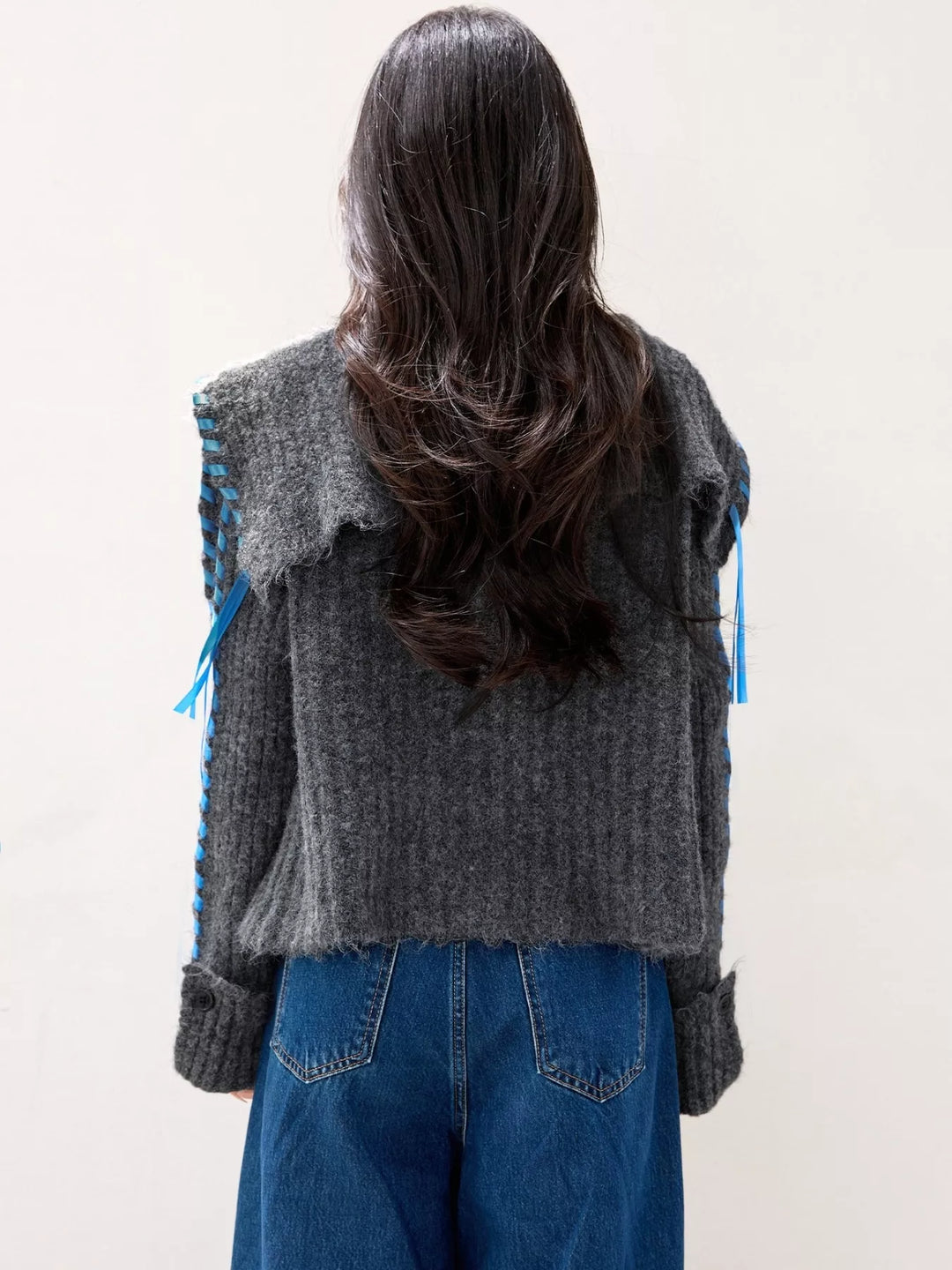 Ribbed knit button-front cardigan with contrast ribbon trim