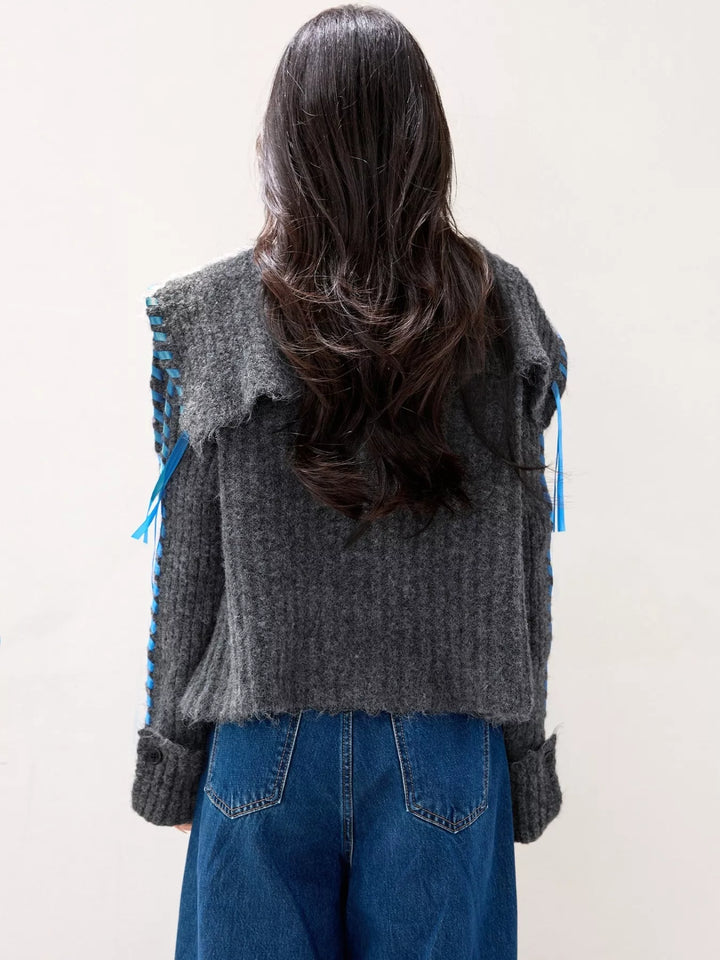 Ribbed knit button-front cardigan with contrast ribbon trim