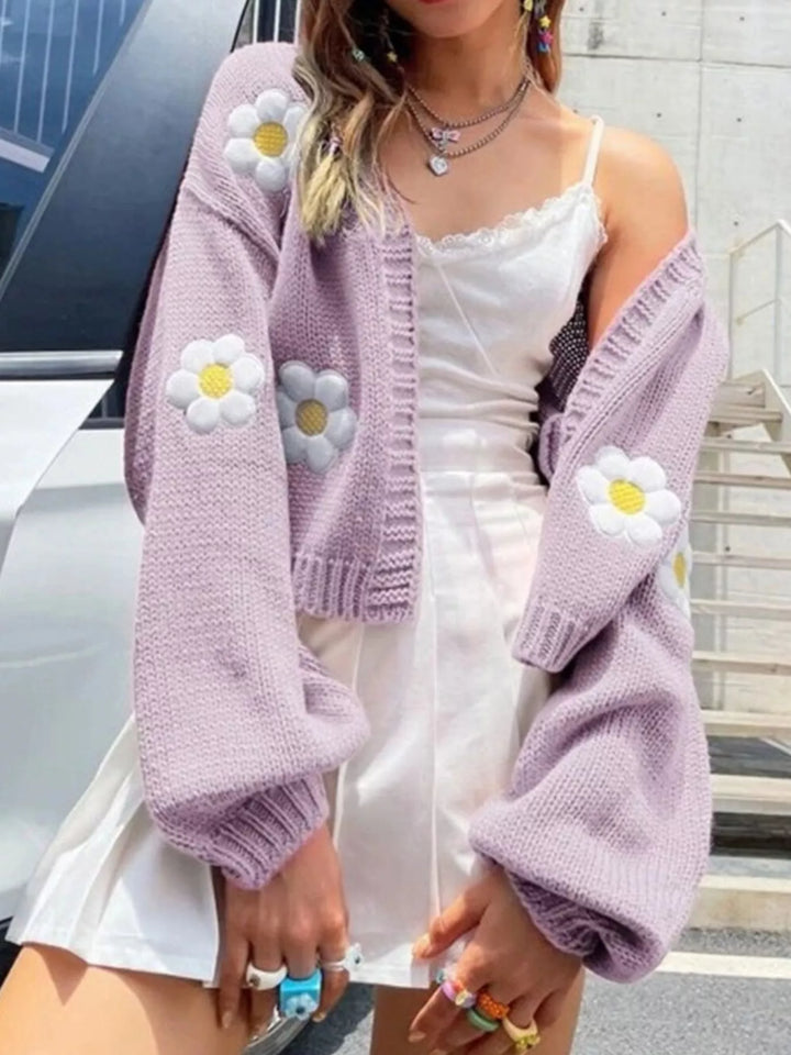 Pink Purple Daisy appliqué open front chunky knit cardigan