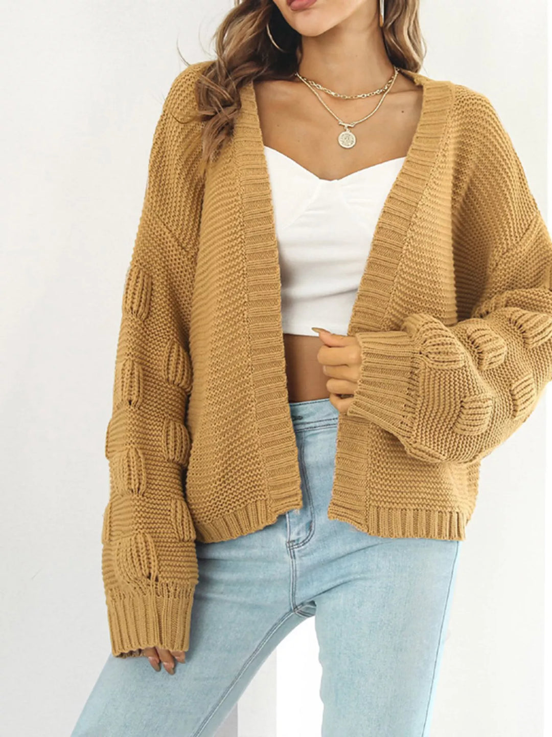 Chunky ribbed knit open-front cardigan with drop shoulders